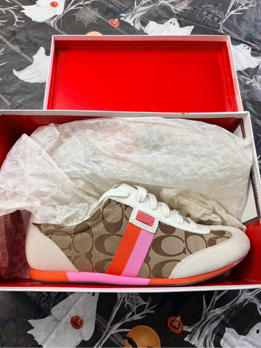 Coach Brown Signature Low-Top Sneaker with Pink and Orange Stripes